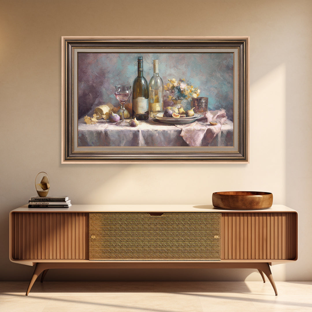 Wine Bottle and Figs on a Linen Framed Canvas Print, Dining Room Art, Statement Artwork, Dining Room Decor, Fine Art, Dining, DRA-3x2-7