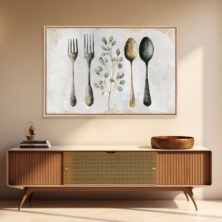 Minimal Fork Spoon and Herb Composition Framed Canvas Print, Dining Room Art, Kitchen Decor, Dining Room Decor, Oil Painting, DRA-3x2-74