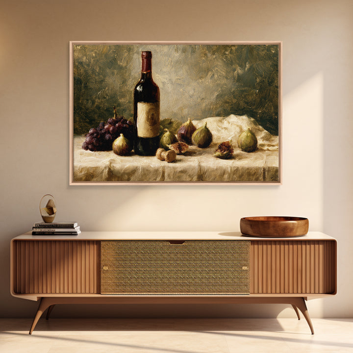 Wine Bottle and Figs on a Linen Framed Canvas Print, Dining Room Art, Kitchen Art, Dining Room Decor, Abstract Art, Dining, DRA-3x2-79