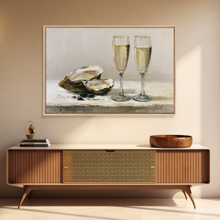 Elegant Oyster and Champagne Still Life Canvas Print, Dining Room Art, Neutral Decor, Dining Room Decor, Fine Art, Dining, DRA-3x2-83