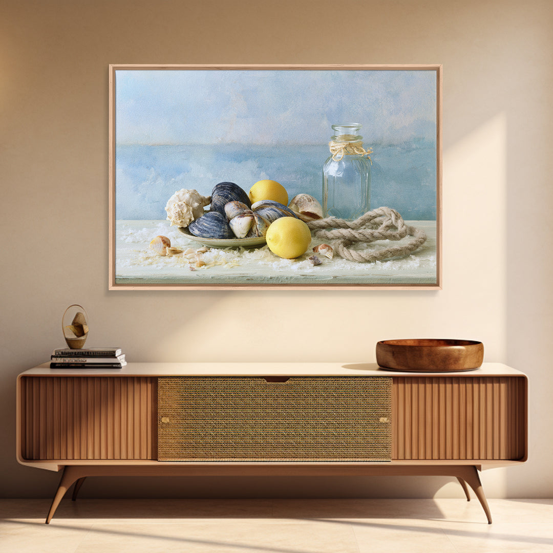 Shellfish and Lemon Still Life Framed Canvas Print, Dining Room Art, Trendy Wall Art, Dining Room Decor, Fine Art, Dining, DRA-3x2-92