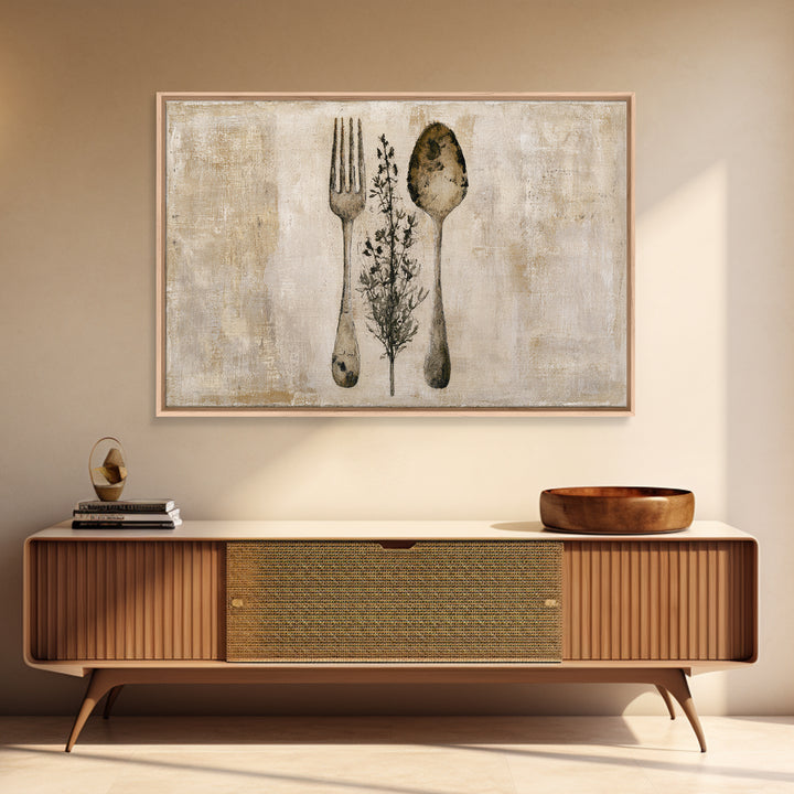 Minimal Fork Spoon and Herb Composition Canvas Print, Dining Room Art, Living Room Decor, Dining Room Decor, Fine Art, Dining, DRA-3x2-98