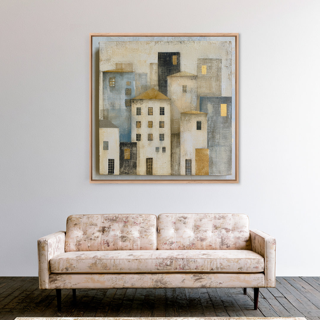 Naive Cityscape with Patterned Windows Framed Canvas Print, Eclectic Art, Art, Living Room Decor, Fine Art, Eclectic, ECL-1x1-12