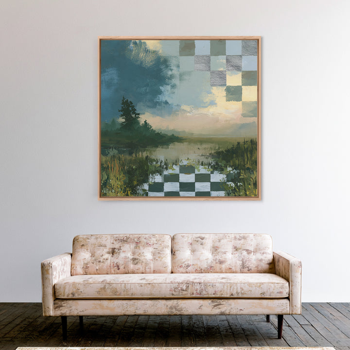 Playful Checkerboard Landscape Framed Canvas Print, Eclectic Art, Printable Wall Art, Living Room Decor, Fine Art, Eclectic, ECL-1x1-33