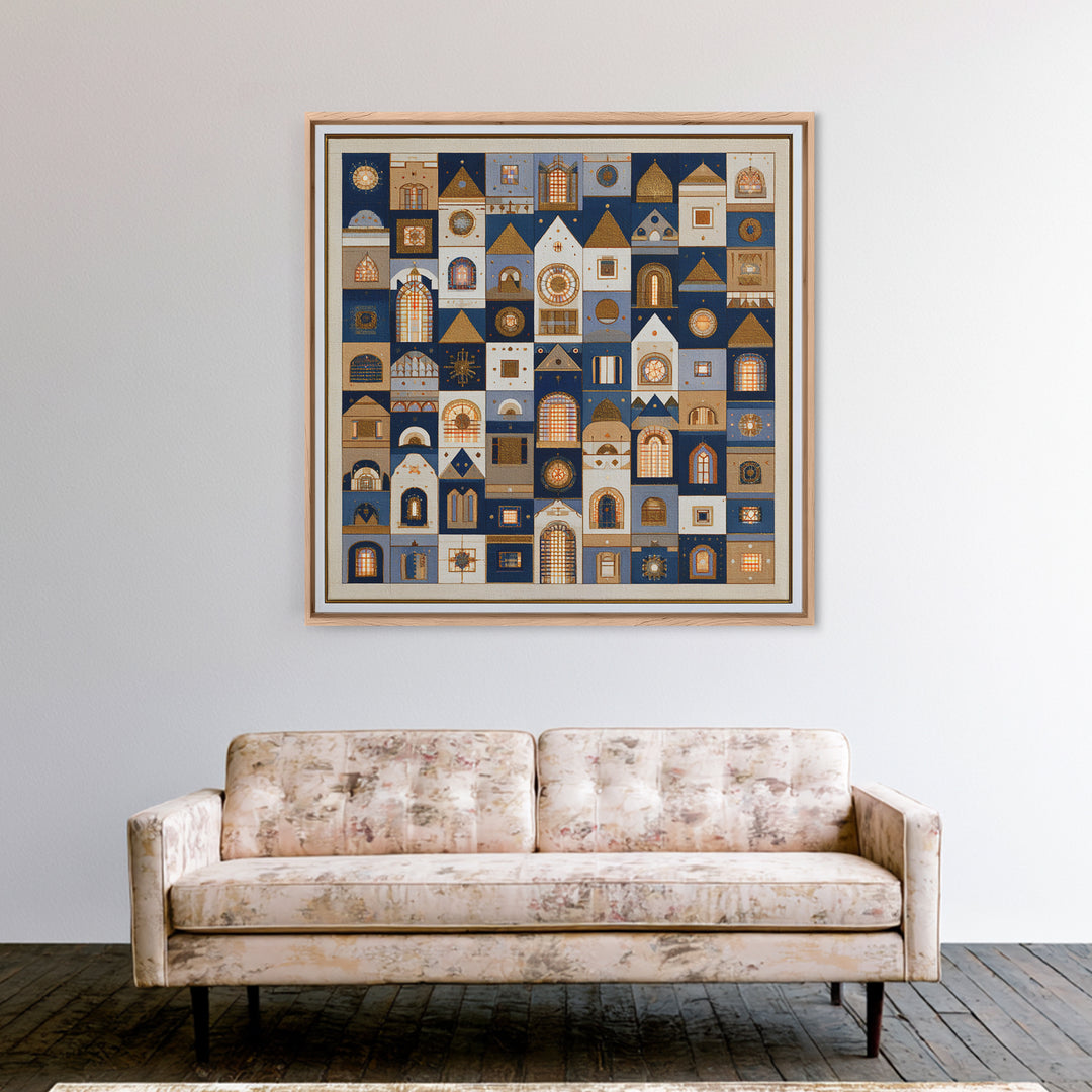 Naive Cityscape with Patterned Windows Canvas Print, Eclectic Art, Digital Art, Living Room Decor, Watercolor Art, Eclectic, ECL-1x1-36