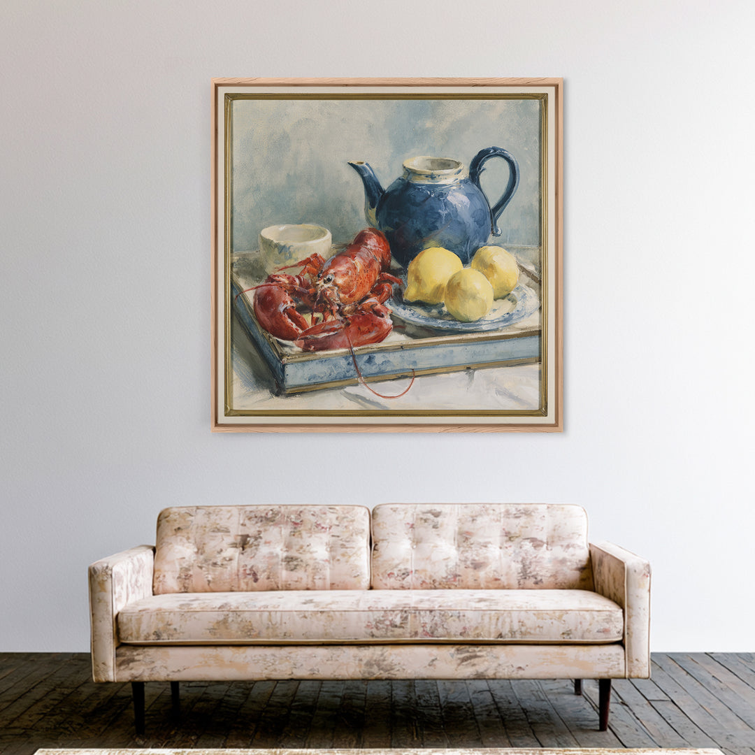 Unexpected Lobster and Lemons Still Life Framed Canvas Print, Eclectic Art, Fine Art Print, Living Room Decor, Abstract Art, ECL-1x1-42