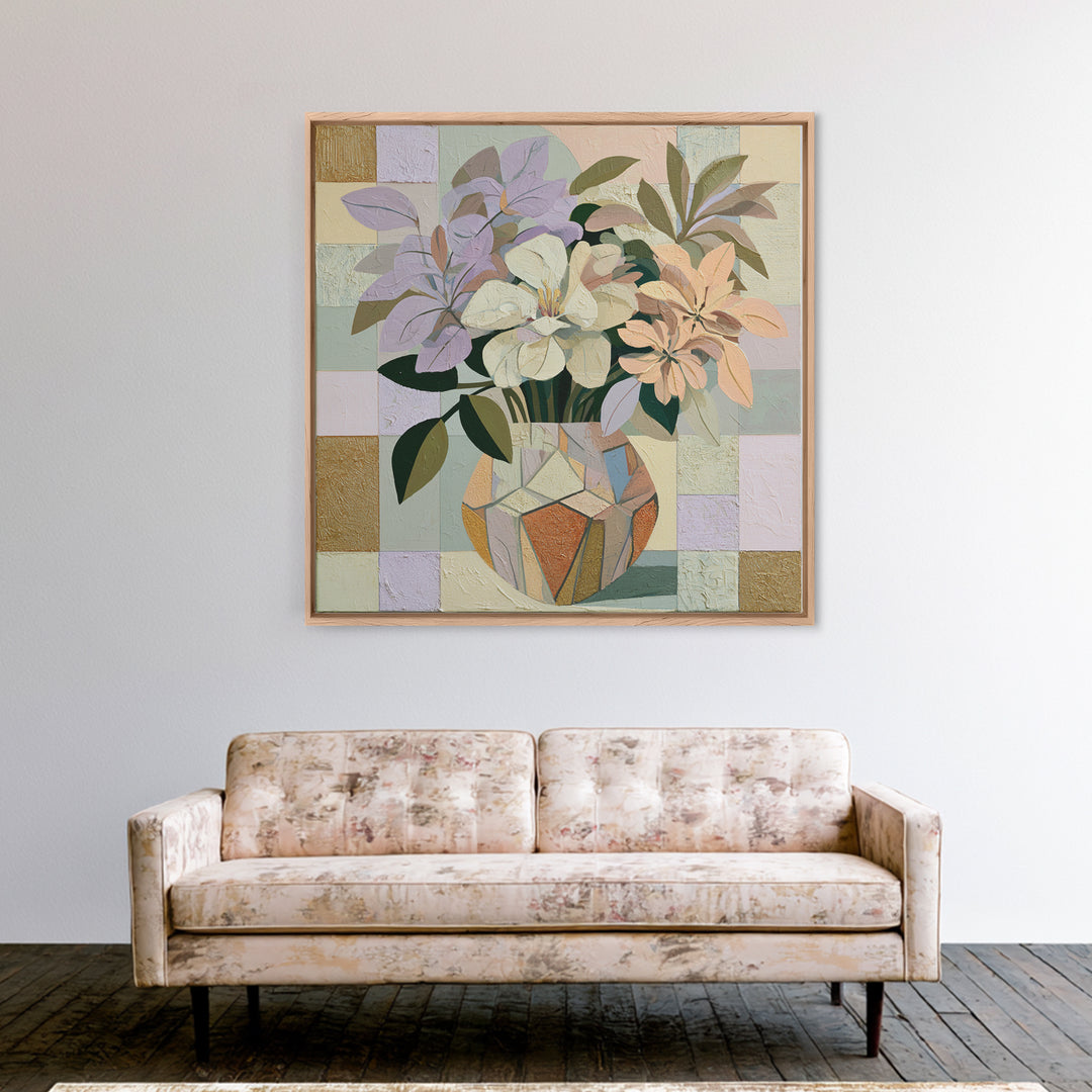 Retro Futurist Vase of Flowers Framed Canvas Print, Eclectic Art, Textured Painting, Living Room Decor, Fine Art, Eclectic, ECL-1x1-58