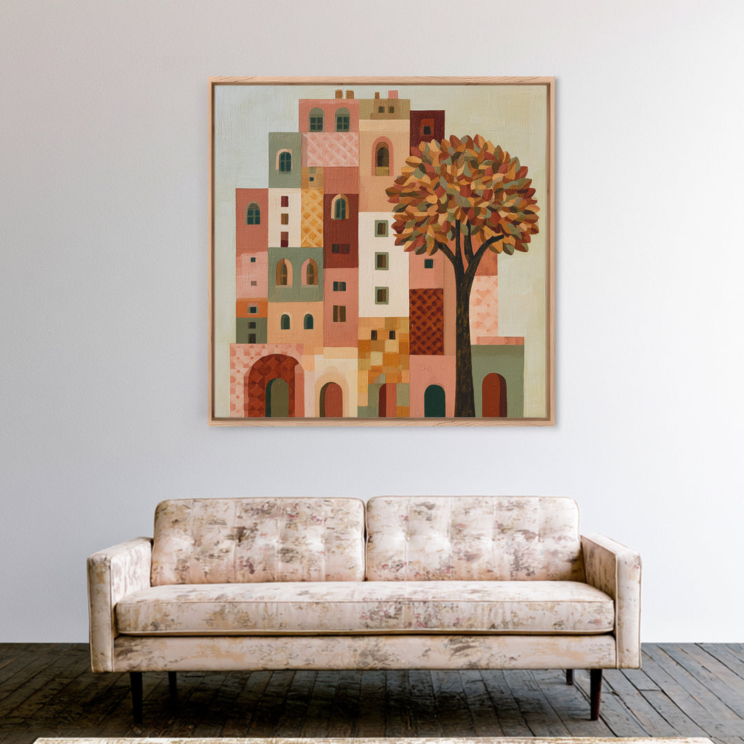 Naive Cityscape with Patterned Windows Canvas Print, Eclectic Art, Portrait, Living Room Decor, Eclectic, Modern Decor, ECL-1x1-60