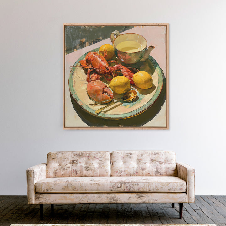 Unexpected Lobster and Lemons Still Life Framed Canvas Print, Eclectic Art, Fine Art Print, Living Room Decor, Abstract Art, ECL-1x1-66