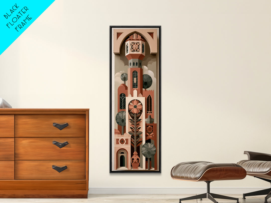Naive Cityscape with Patterned Windows Canvas Print, Eclectic Art, Boho Wall Art, Living Room Decor, Watercolor Art, Eclectic, ECL-1x3-48
