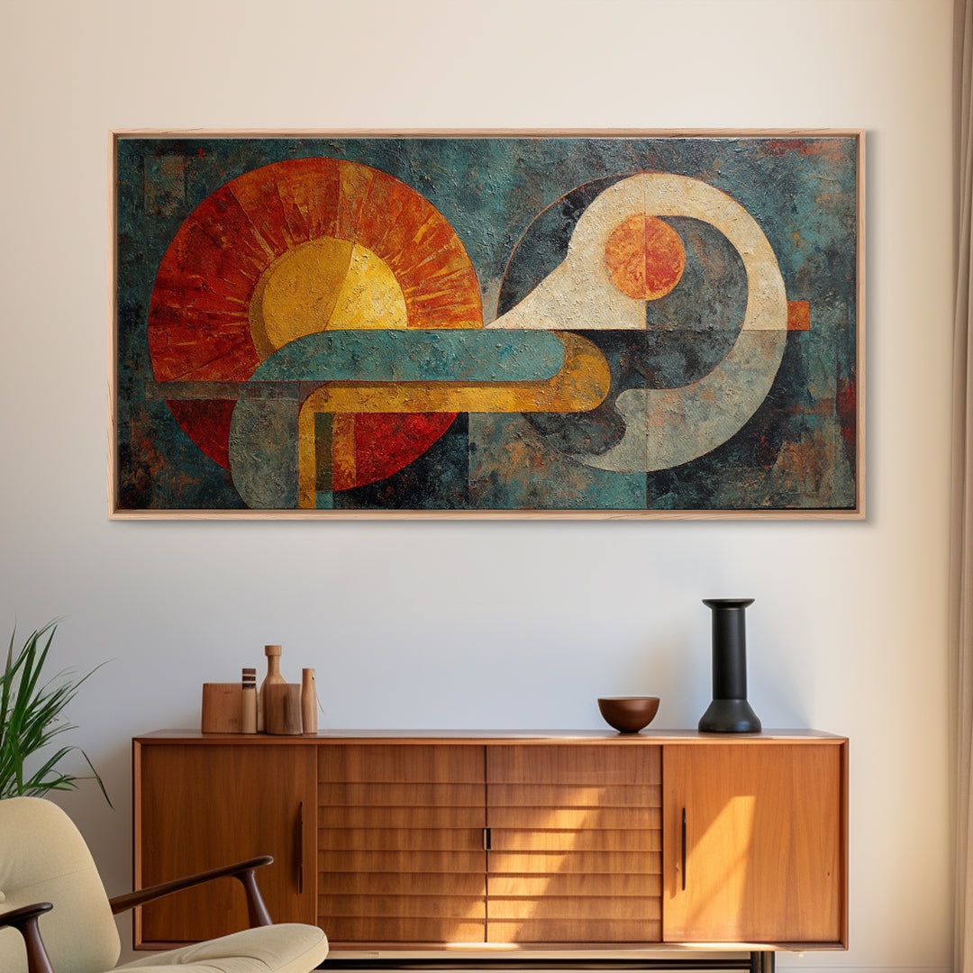 Geometric Sun and Hand Motif Framed Canvas Print, Eclectic Art, Unique Wall Art, Living Room Decor, Abstract Art, Eclectic, ECL-2x1-59