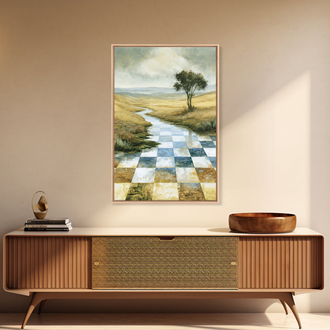 Playful Checkerboard Landscape Framed Canvas Print, Eclectic Art, Dopamine Decor, Living Room Decor, Fine Art, Eclectic, ECL-2x3-17