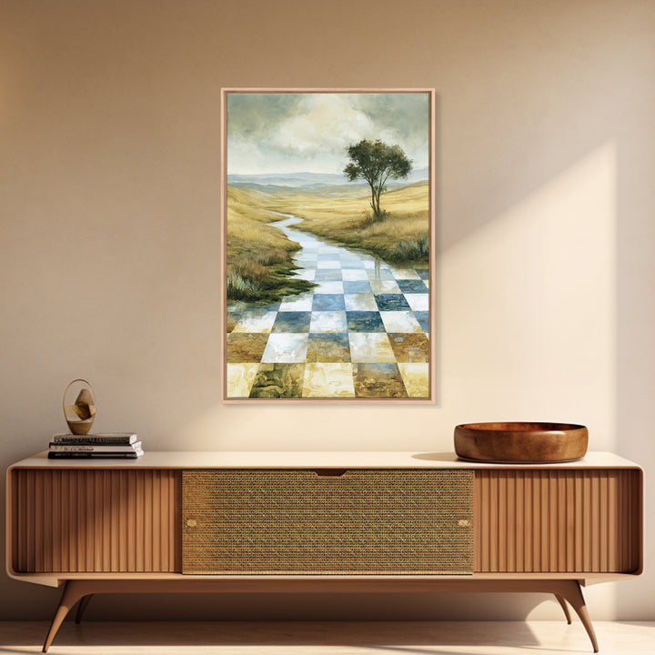 Playful Checkerboard Landscape Framed Canvas Print, Eclectic Art, Dopamine Decor, Living Room Decor, Fine Art, Eclectic, ECL-2x3-17