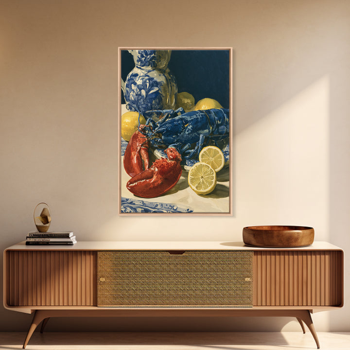 Unexpected Lobster and Lemons Still Life Framed Canvas Print, Eclectic Art, Digital Art, Living Room Decor, Abstract Art, ECL-2x3-2