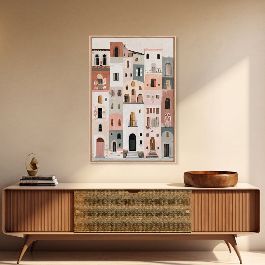 Naive Cityscape with Patterned Windows Framed Canvas Print, Eclectic Art, Neutral Decor, Living Room Decor, Oil Painting, ECL-2x3-20