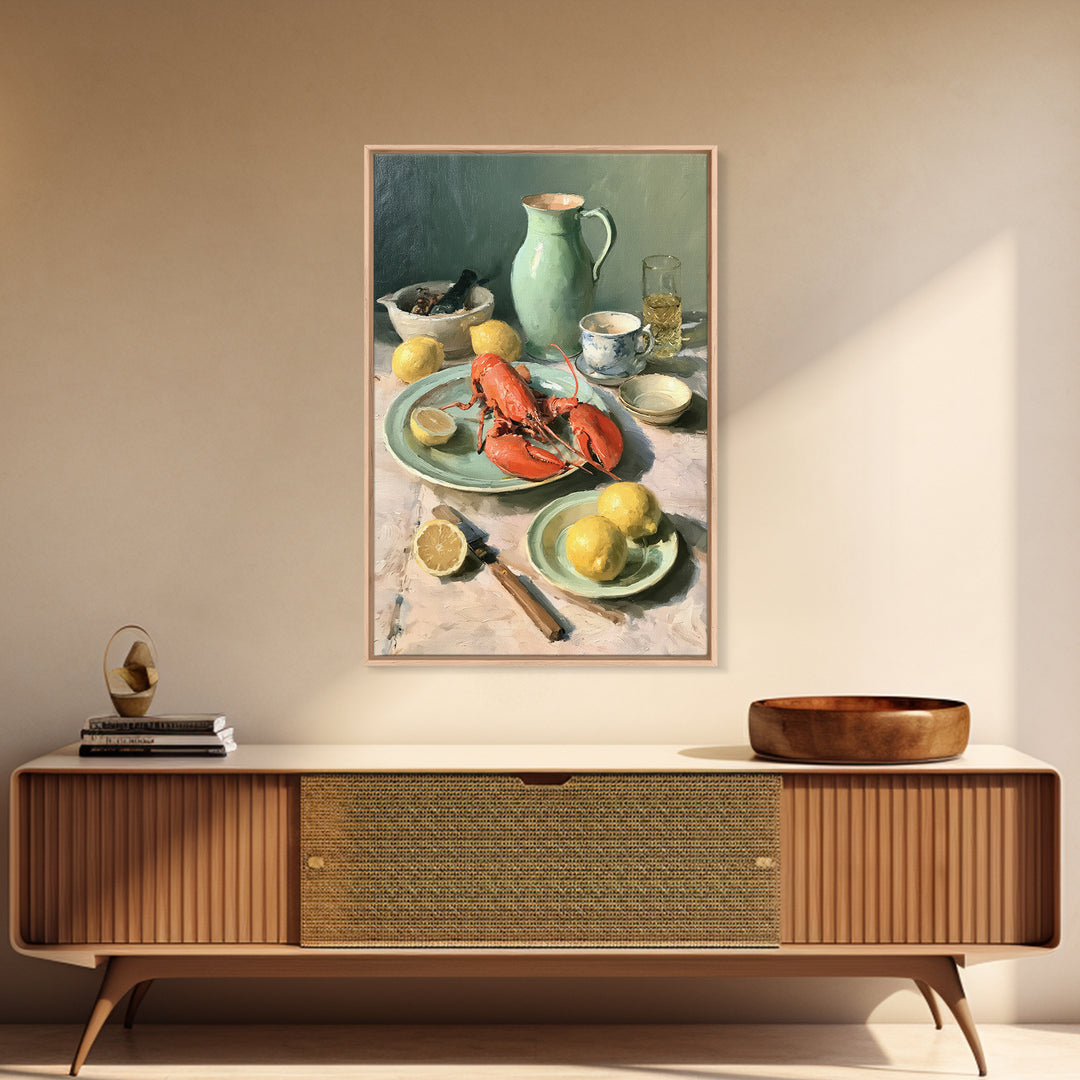 Unexpected Lobster and Lemons Still Life Framed Canvas Print, Eclectic Art, Digital Art, Living Room Decor, Abstract Art, ECL-2x3-26