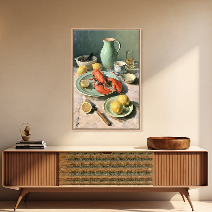 Unexpected Lobster and Lemons Still Life Framed Canvas Print, Eclectic Art, Digital Art, Living Room Decor, Abstract Art, ECL-2x3-26