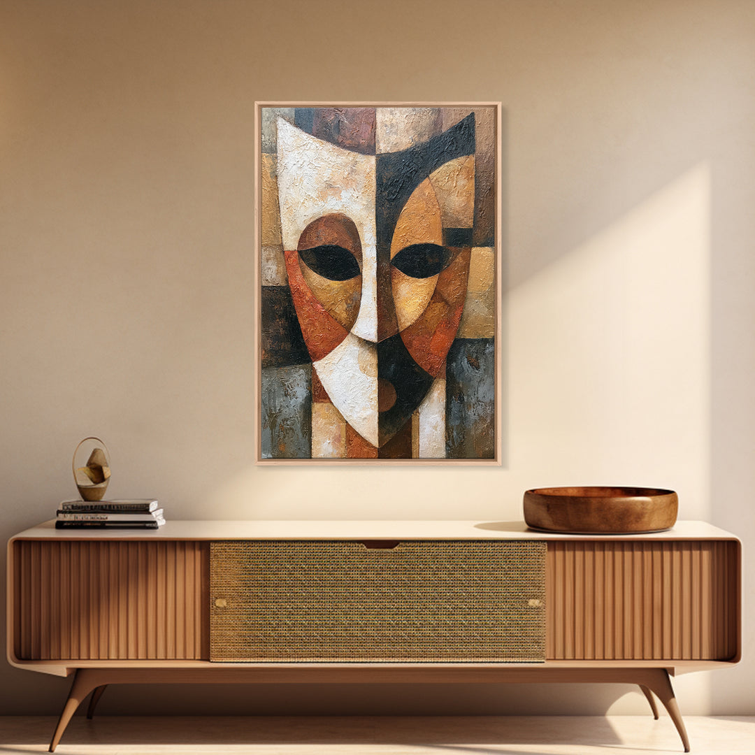 Abstract Mask with Playful Textures Framed Canvas Print, Eclectic Art, Minimalist Decor, Living Room Decor, Fine Art, Eclectic, ECL-2x3-28