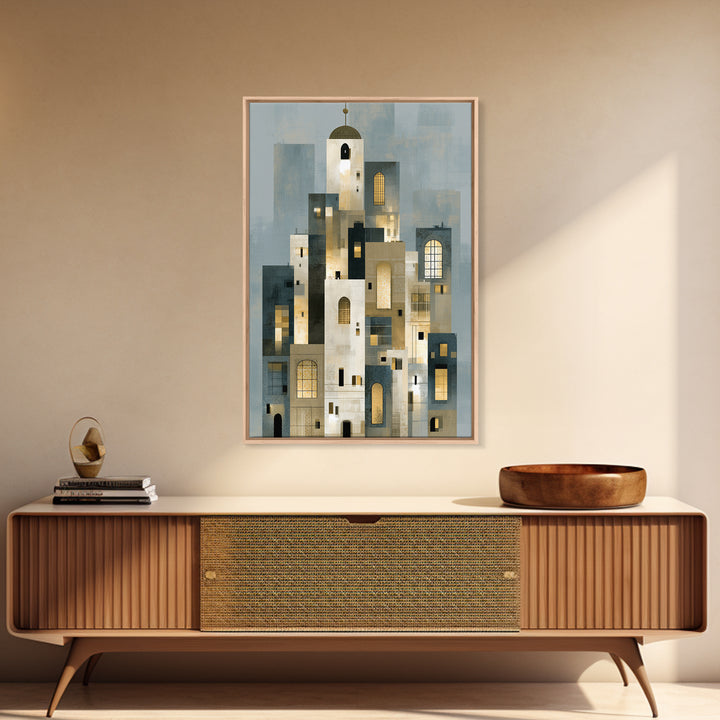 Naive Cityscape with Patterned Windows Framed Canvas Print, Eclectic Art, Living Room Decor, Watercolor Art, Eclectic, ECL-2x3-44