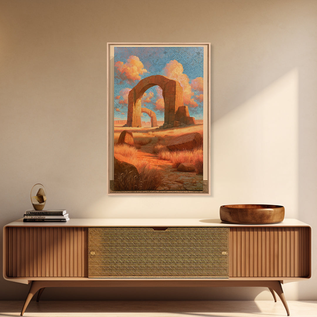 Surreal Desert with Floating Arches Framed Canvas Print, Eclectic Art, Printable, Living Room Decor, Oil Painting, Eclectic, ECL-2x3-6