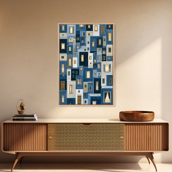 Naive Cityscape with Patterned Windows Framed Canvas Print, Eclectic Art, Luxury Decor, Living Room Decor, Fine Art, Eclectic, ECL-2x3-68