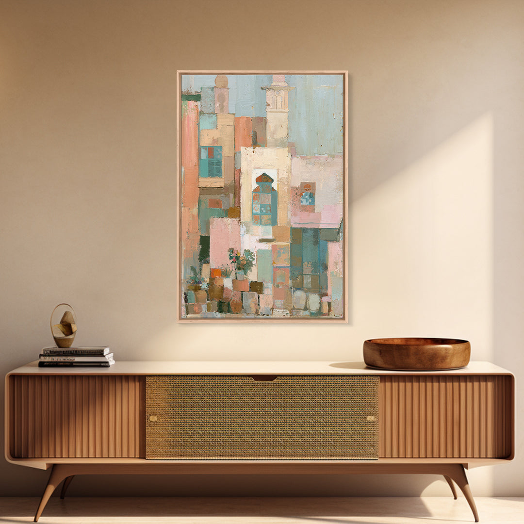 Naive Cityscape with Patterned Windows Framed Canvas Print, Eclectic Art, Original Art, Living Room Decor, Abstract Art, ECL-2x3-92