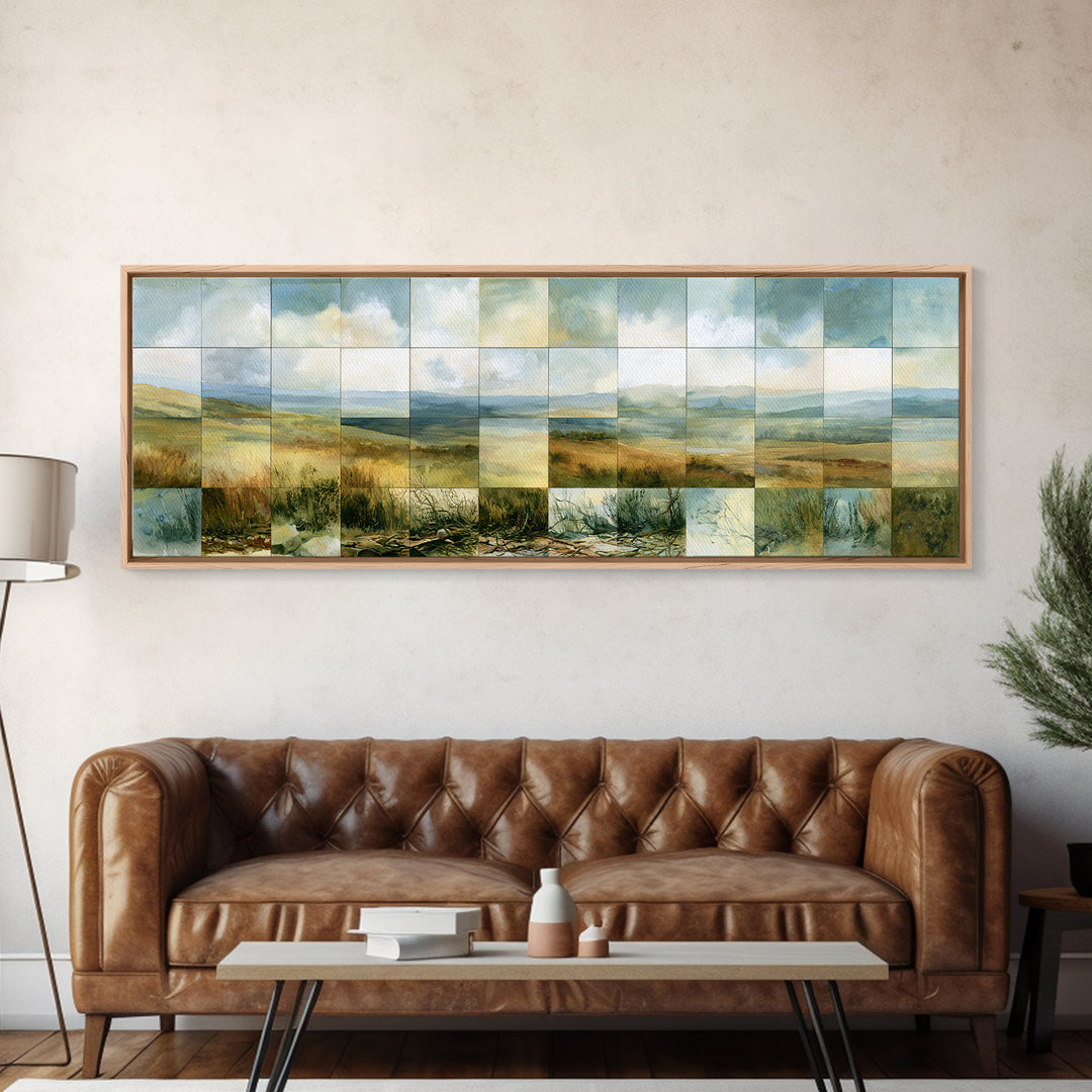 Playful Checkerboard Landscape Framed Canvas Print, Eclectic Art, Fine Art Print, Living Room Decor, Watercolor Art, Eclectic, ECL-3x1-1