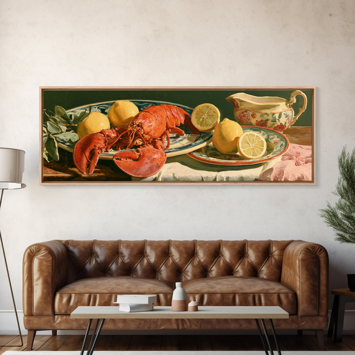 Unexpected Lobster and Lemons Still Life Framed Canvas Print, Eclectic Art, Large Wall Art, Living Room Decor, Eclectic, ECL-3x1-10