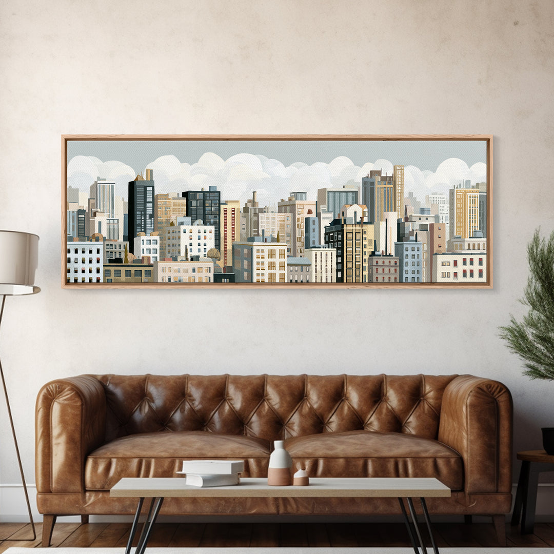 Naive Cityscape with Patterned Windows Canvas Print, Eclectic Art, Oil Painting, Living Room Decor, Abstract Art, Eclectic, ECL-3x1-100