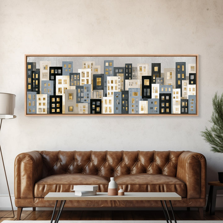 Naive Cityscape with Patterned Windows Framed Canvas Print, Eclectic Art, Gallery Decor, Living Room Decor, Oil Painting, ECL-3x1-28