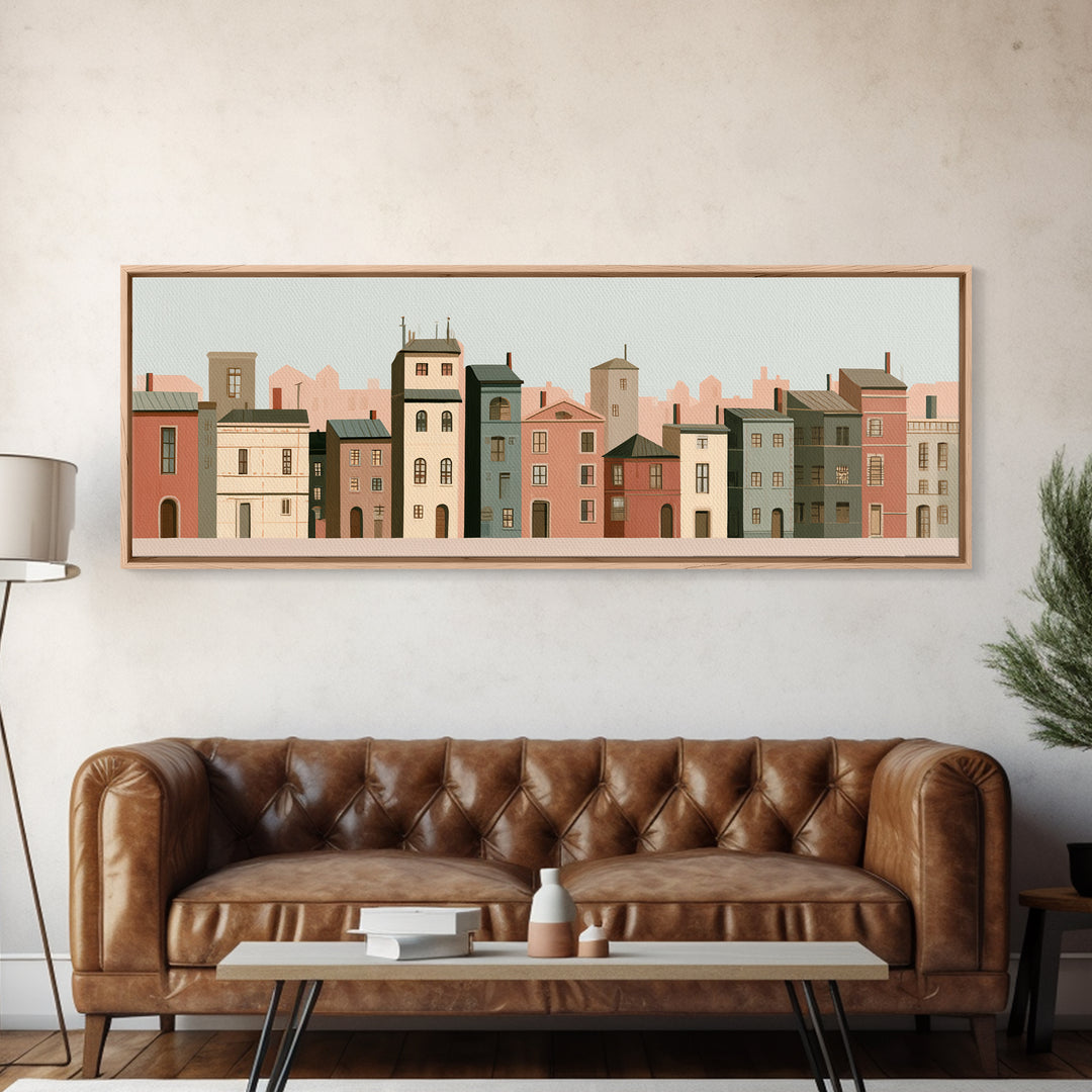 Naive Cityscape with Patterned Windows Canvas Print, Eclectic Art, Living Room Decor, Watercolor Art, Eclectic, ECL-3x1-4