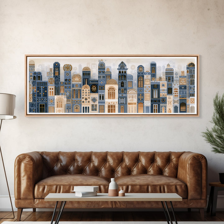 Naive Cityscape with Patterned Windows Framed Canvas Print, Eclectic Art, Home Decor, Living Room Decor, Abstract Art, Eclectic, ECL-3x1-52