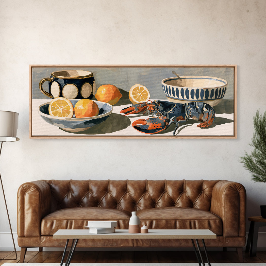 Unexpected Lobster and Lemons Still Life Framed Canvas Print, Eclectic Art, Dopamine Decor, Living Room Decor, Eclectic, ECL-3x1-58