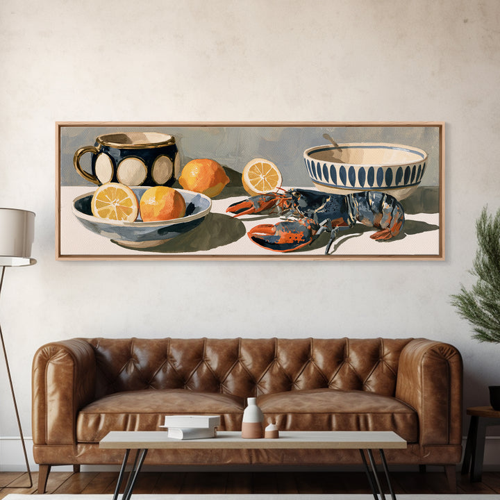 Unexpected Lobster and Lemons Still Life Framed Canvas Print, Eclectic Art, Dopamine Decor, Living Room Decor, Eclectic, ECL-3x1-58