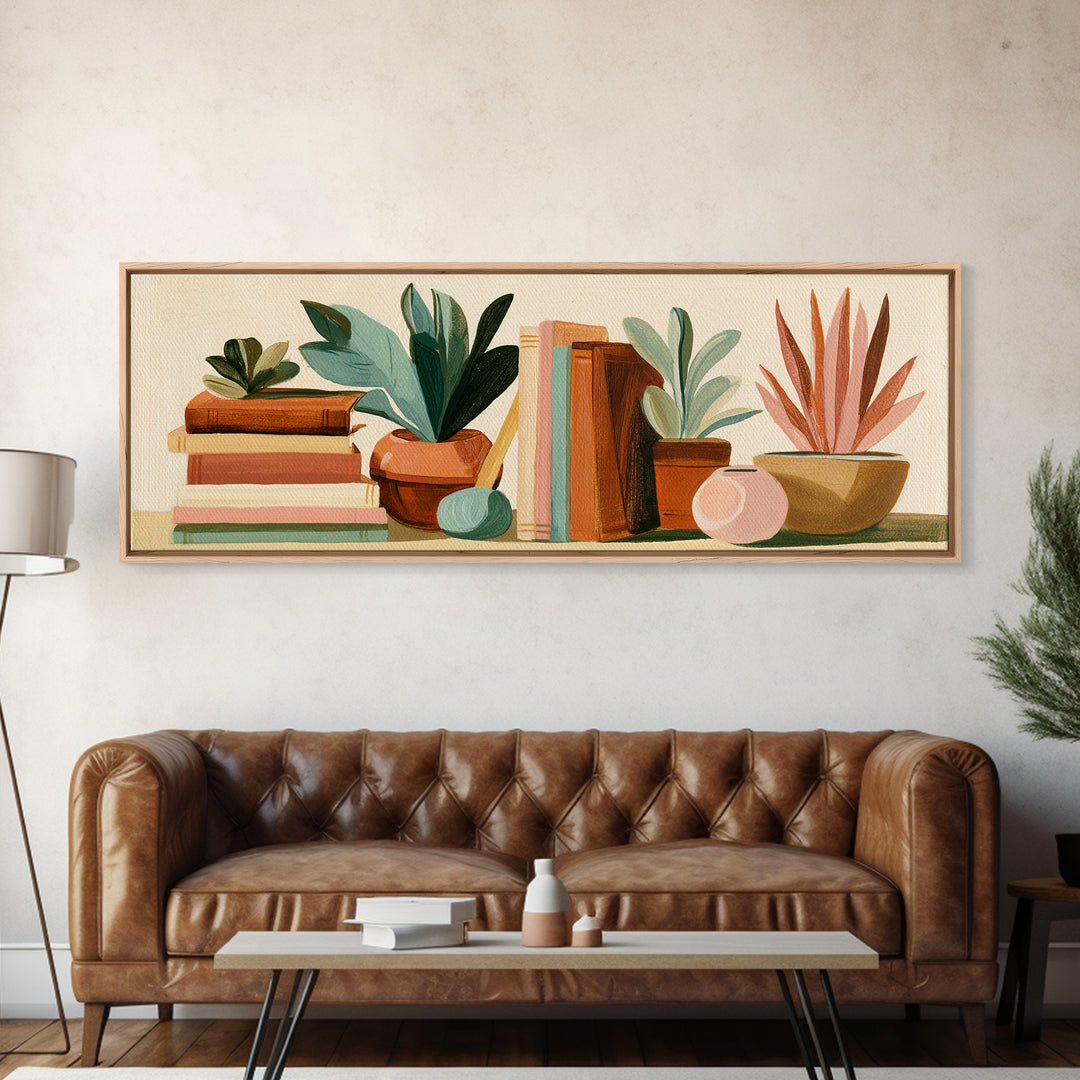 Colorful Book and Plant Still Life Framed Canvas Print, Eclectic Art, Art Prints, Living Room Decor, Fine Art, Eclectic, ECL-3x1-63