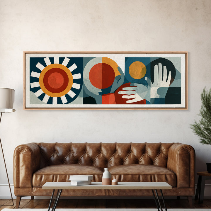 Geometric Sun and Hand Motif Framed Canvas Print, Eclectic Art, Contemporary Art, Living Room Decor, Abstract Art, Eclectic, ECL-3x1-7
