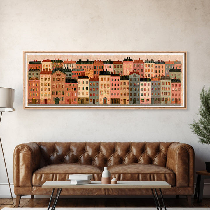 Naive Cityscape with Patterned Windows Canvas Print, Eclectic Art, Art Prints, Living Room Decor, Fine Art, Eclectic, ECL-3x1-76