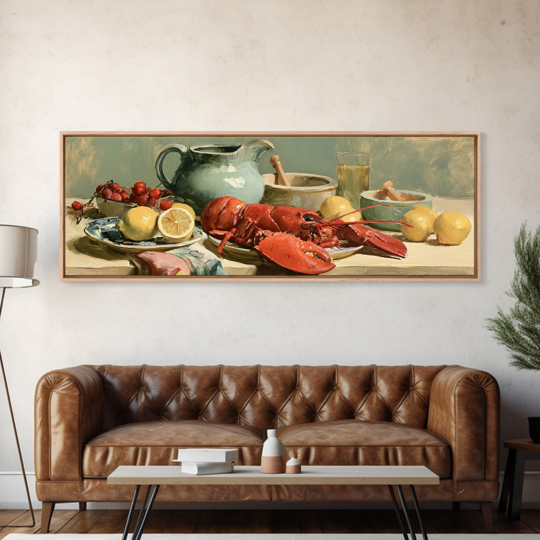Unexpected Lobster and Lemons Still Life Framed Canvas Print, Eclectic Art, Dopamine Decor, Living Room Decor, Eclectic, ECL-3x1-82