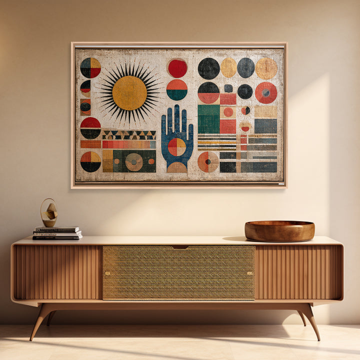 Geometric Sun and Hand Motif Framed Canvas Print, Eclectic Art, Boho, Living Room Decor, Abstract Art, Eclectic, ECL-3x2-19