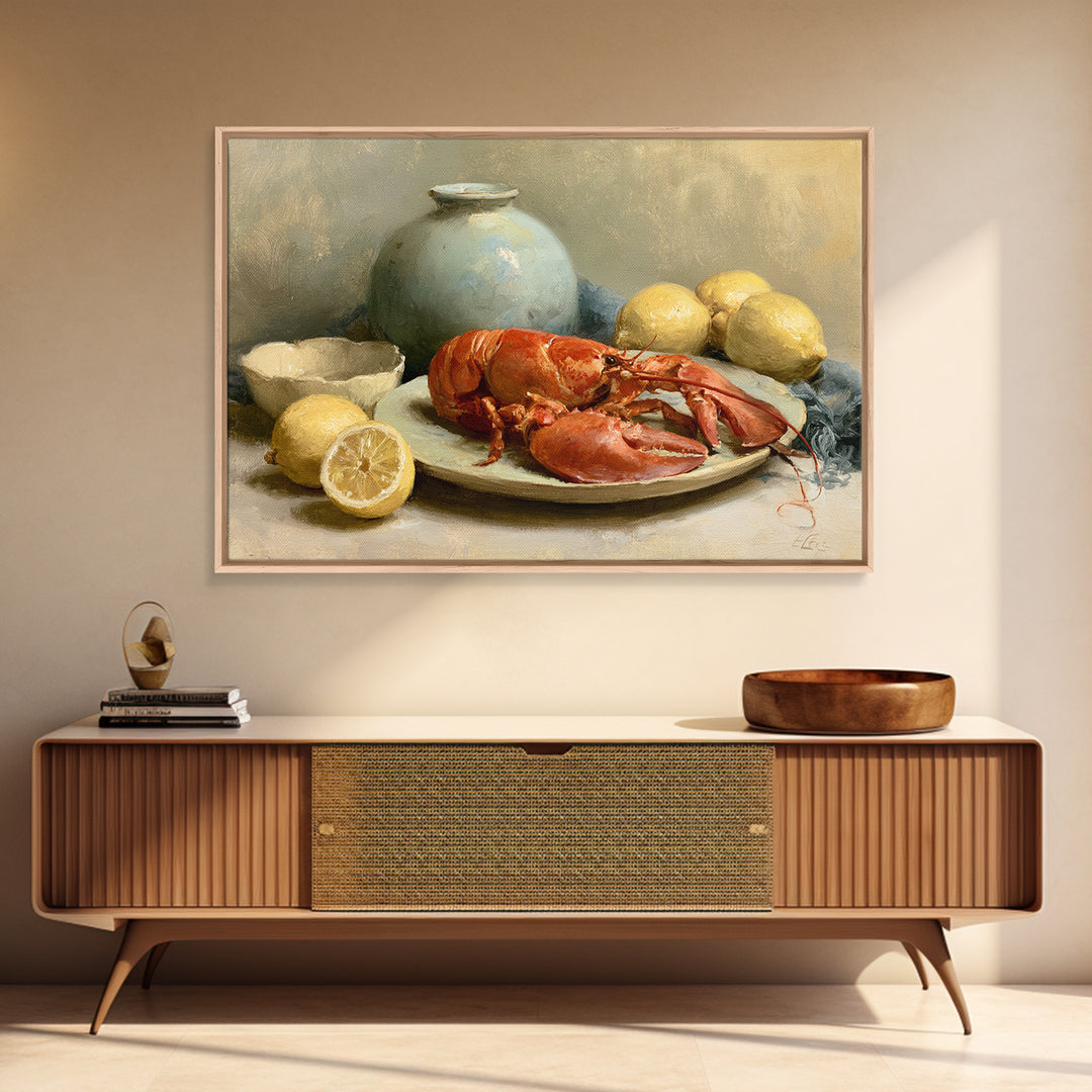 Unexpected Lobster and Lemons Still Life Canvas Print, Eclectic Art, Boho Wall Art, Living Room Decor, Oil Painting, Eclectic, ECL-3x2-22
