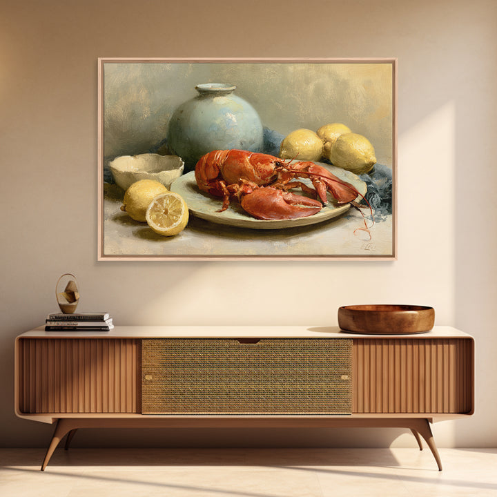 Unexpected Lobster and Lemons Still Life Canvas Print, Eclectic Art, Boho Wall Art, Living Room Decor, Oil Painting, Eclectic, ECL-3x2-22