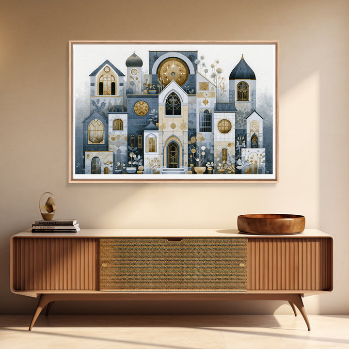 Naive Cityscape with Patterned Windows Framed Canvas Print, Eclectic Art, Art Prints, Living Room Decor, Oil Painting, Eclectic, ECL-3x2-40