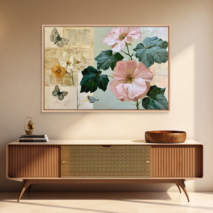 Botanical Collage with Butterflies and Old Paper Framed Canvas Print, Eclectic Art, Wall Decor, Living Room Decor, Eclectic, ECL-3x2-41