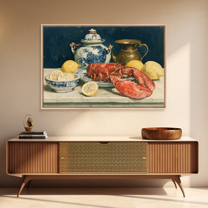 Unexpected Lobster and Lemons Still Life Framed Canvas Print, Eclectic Art, Neutral Decor, Living Room Decor, Eclectic, ECL-3x2-46