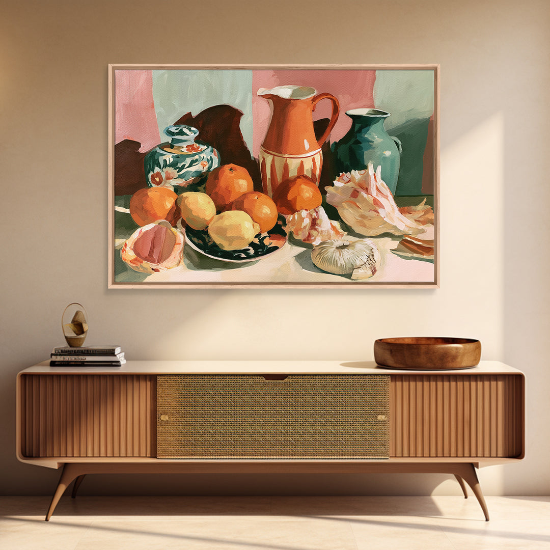 Bold Maximalist Still Life Framed Canvas Print, Eclectic Art, Textured Painting, Living Room Decor, Oil Painting, Eclectic, ECL-3x2-55