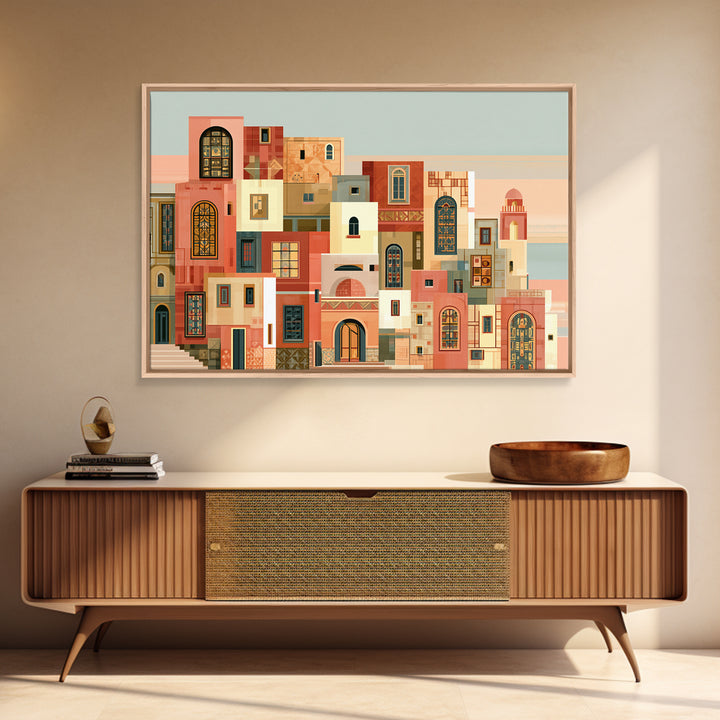 Naive Cityscape with Patterned Windows Framed Canvas Print, Eclectic Art, Original Art, Living Room Decor, Abstract Art, ECL-3x2-64