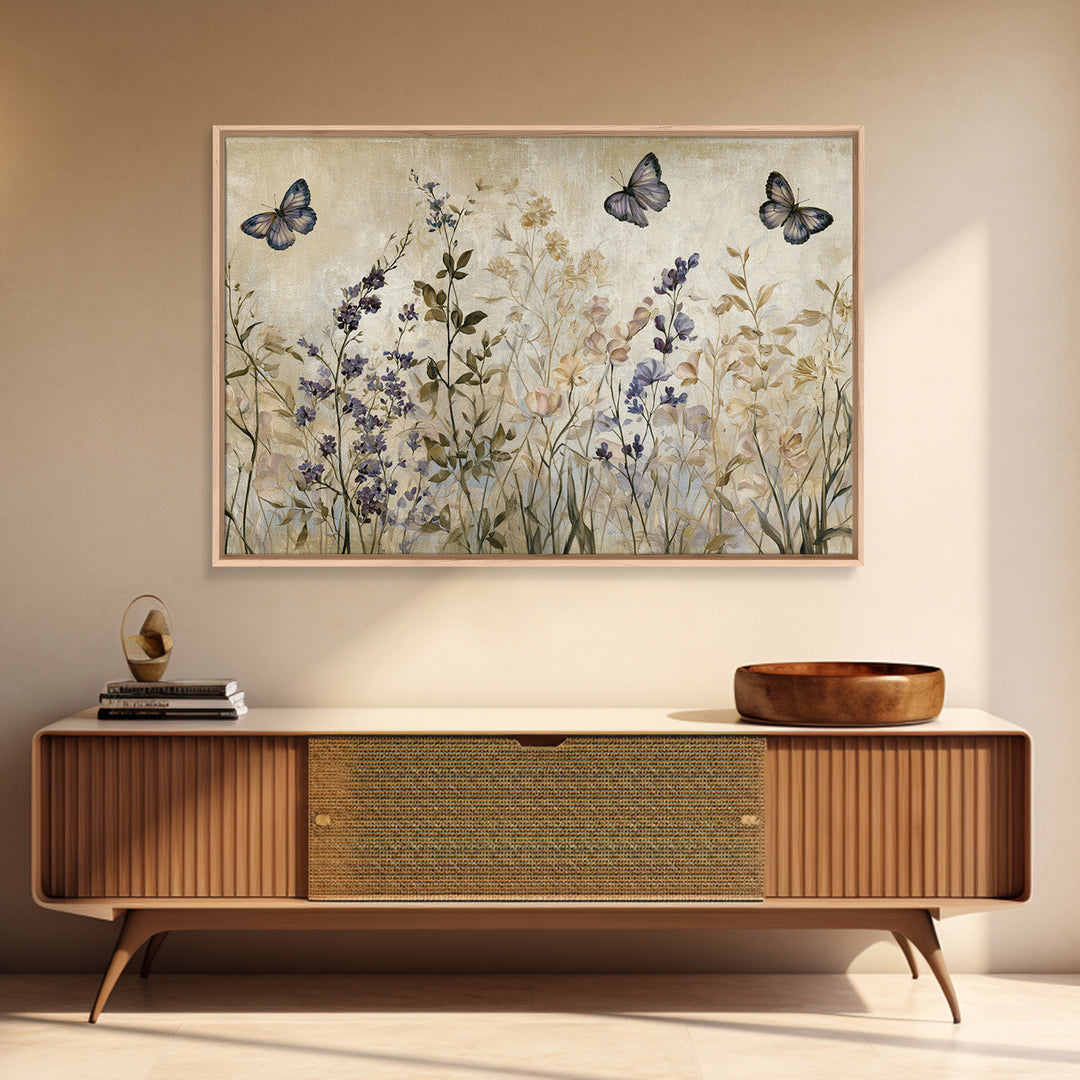 Botanical Collage with Butterflies and Old Paper Framed Canvas Print, Eclectic Art, Wall Decor, Living Room Decor, Eclectic, ECL-3x2-65