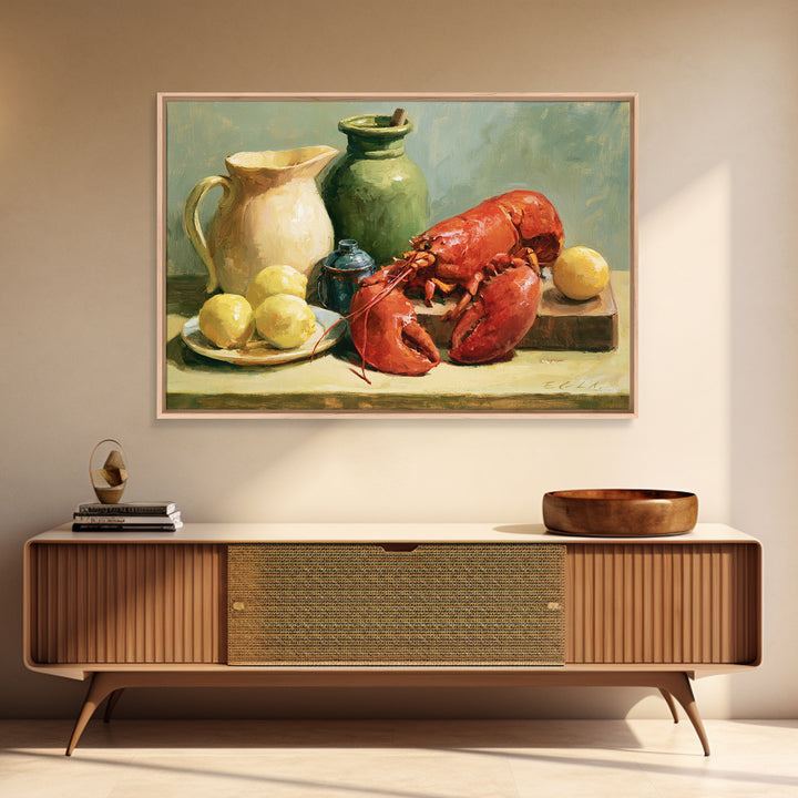Unexpected Lobster and Lemons Still Life Framed Canvas Print, Eclectic Art, Neutral Decor, Living Room Decor, Eclectic, ECL-3x2-70