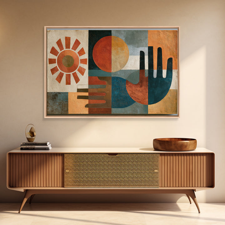 Geometric Sun and Hand Motif Framed Canvas Print, Eclectic Art, Minimalist Decor, Living Room Decor, Abstract Art, Eclectic, ECL-3x2-91