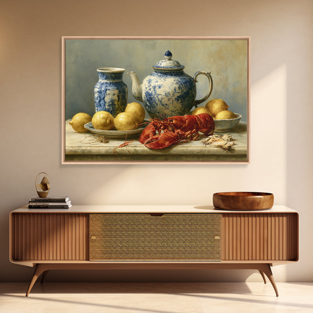 Unexpected Lobster and Lemons Still Life Canvas Print, Eclectic Art, Living Room Decor, Abstract Art, Eclectic, ECL-3x2-94